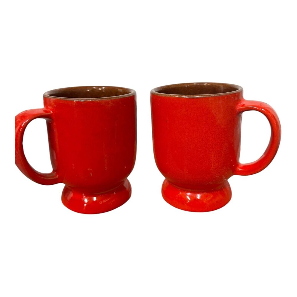 Set of 2 Vintage Frankoma Pottery Coffee Mug Flame Red Cup Art Pottery